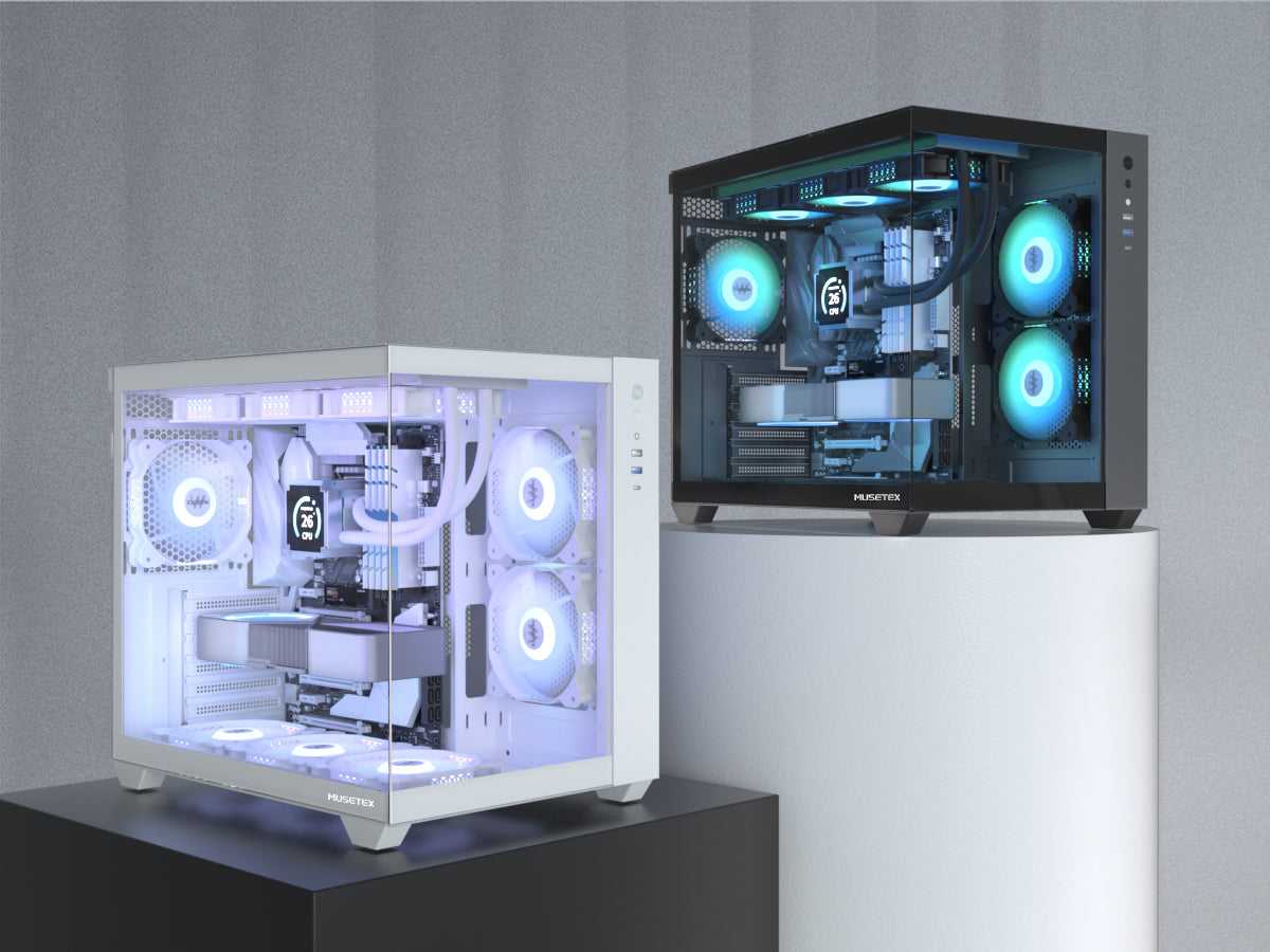 Y6-N6-W MUSETEX ATX PC Case, 6 PWM ARGB Fans Pre-Installed, 360MM RAD Support, Type-C Gaming PC Case, 270° Full View Tempered Glass Mid Tower, Pure White ATX Computer Case,Y6