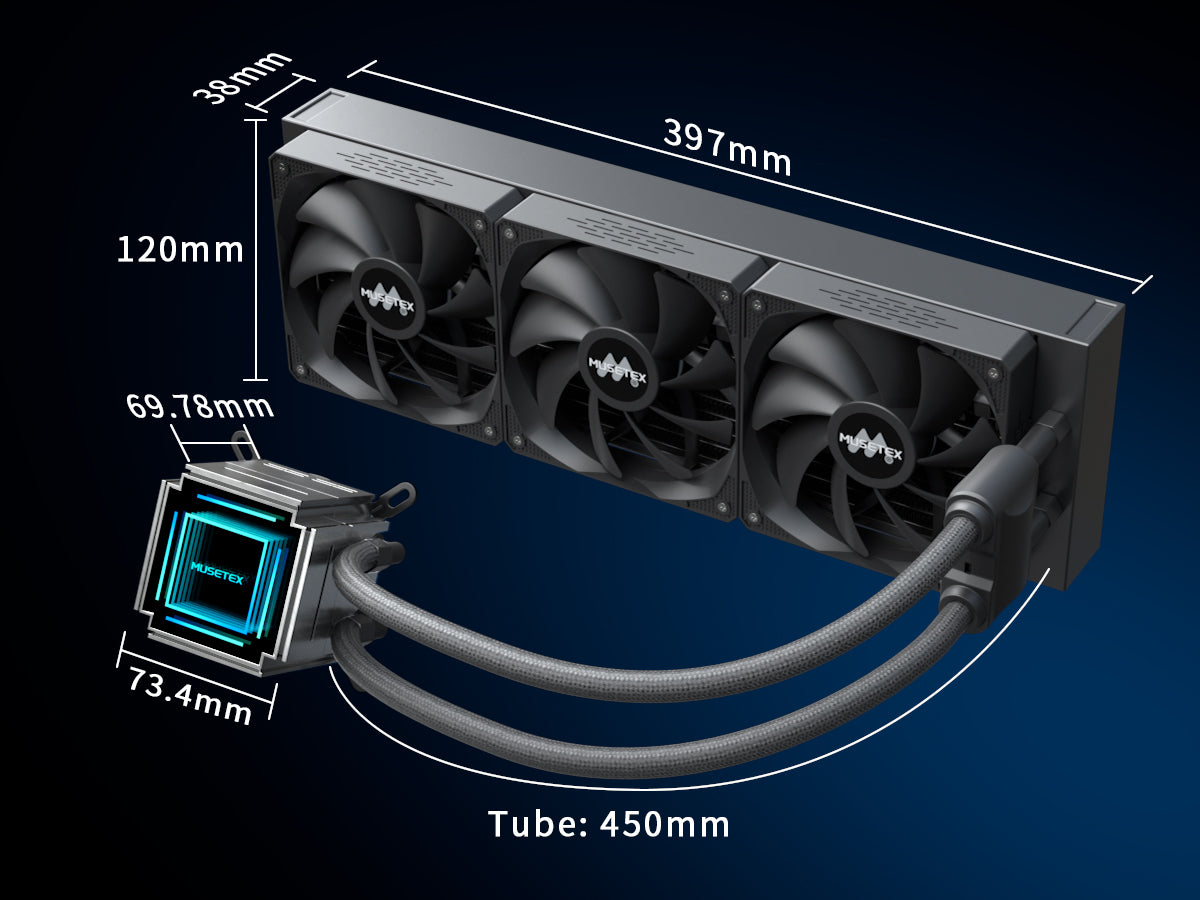 MUSETEX Liquid CPU Cooler 360MM, 38MM Thickened AIO Cooler for MOBO Cooling, Pre-Installed 3 PWM Fans, Infinity Mirrors AIO CPU Water Cooler, for Intel 1200/115X/17XX/20XX, AMD AM5/AM4, Black, M360T