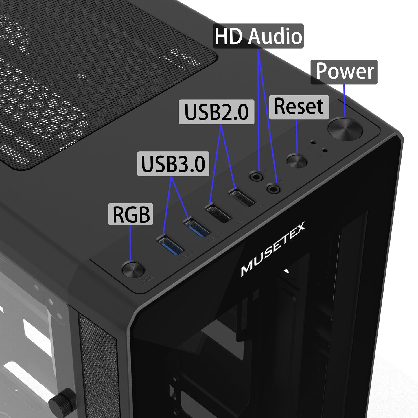 T400-MN8 MUSETEX 8 PCS ARGB Fans ATX Mid-Tower Case with 2 × USB 3.0, Computer PC Gaming Case with Remote Control, Tempered Glass Cooling System/Airflow/Cable Management（T400-MN8）