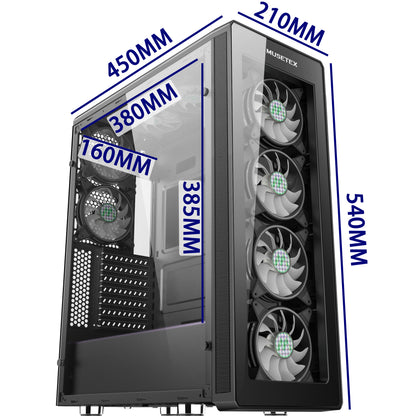 T400-MN8 MUSETEX 8 PCS ARGB Fans ATX Mid-Tower Case with 2 × USB 3.0, Computer PC Gaming Case with Remote Control, Tempered Glass Cooling System/Airflow/Cable Management（T400-MN8）