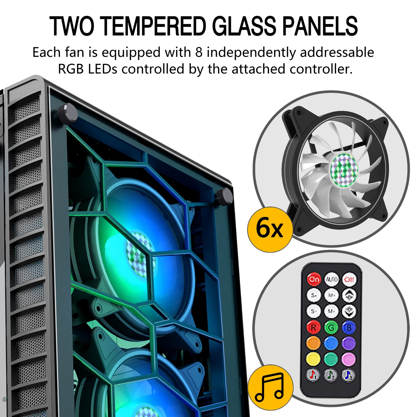 G05-N6 MUSETEX 6 PCS RGB Fans USB 3.0 Port ATX Mid-Tower Computer Gaming Case with Tempered Glass PC Case Computer Chassis G05-N6