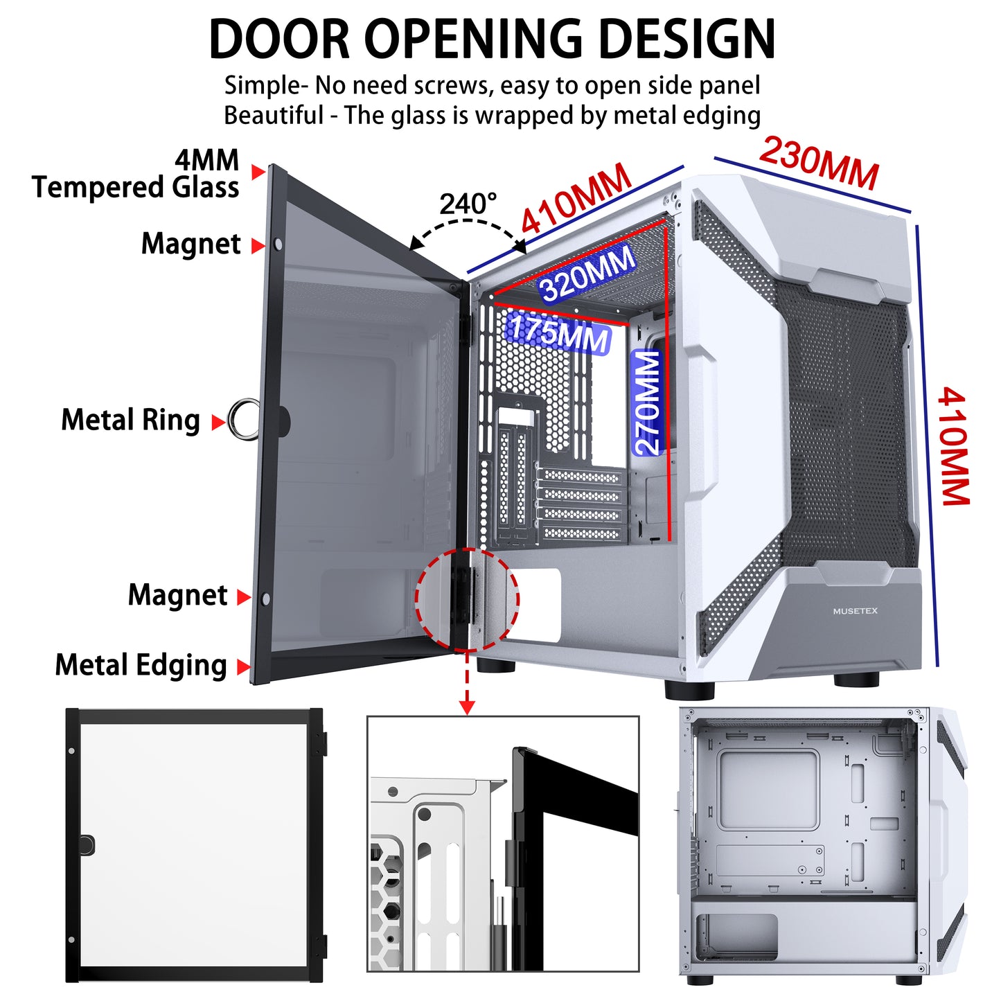 MK7-W MUSETEX MESH Micro ATX Tower Case with 2 PCS × USB 3.0 Ports Magnetic Design Opening Tempered Glass Door Swing Type Side Panel & Mesh Front Panel (MK7-W)