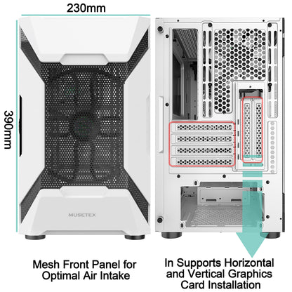 MK7-WN4 MUSETEX MATX (Micro-ATX) Tower 3PCS 120MM ARGB Fans + 1x 200MM ARGB Fan Pre-Installed 2 PCS × USB 3.0 Ports Opening Tempered Glass Panel & Mesh Front Airflow Micro-ATX Gaming PC Case (White,MK7-WN4)