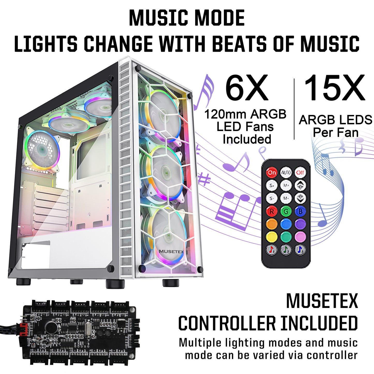 G05MS6-BB MUSETEX 6pcs 120mm ARGB Fans and USB 3.0 ATX Mid-Tower PC Gaming Cases Computer Cases, 2 Tempered Glass Panels, White Mid Tower Computer Chassis（G05MS6-BB）