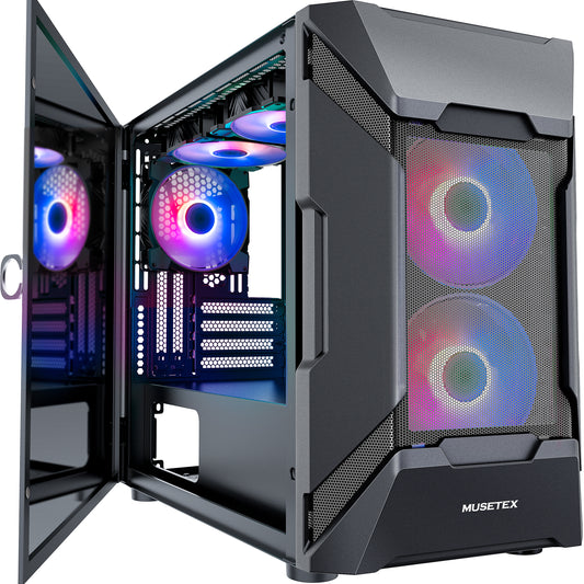 MK7-GN5 MUSETEX Mesh MATX (Micro-ATX) Case 5 PCS ARGB Fans Pre-Installed 2 × USB 3.0 Ports, Opening Tempered Glass Panel Airflow Micro-ATX/Mini-ITX Tower Gaming PC Case (MK7)