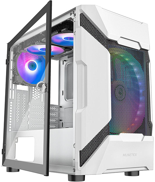 MK7-WN4 MUSETEX MATX (Micro-ATX) Tower 3PCS 120MM ARGB Fans + 1x 200MM ARGB Fan Pre-Installed 2 PCS × USB 3.0 Ports Opening Tempered Glass Panel & Mesh Front Airflow Micro-ATX Gaming PC Case (White,MK7-WN4)