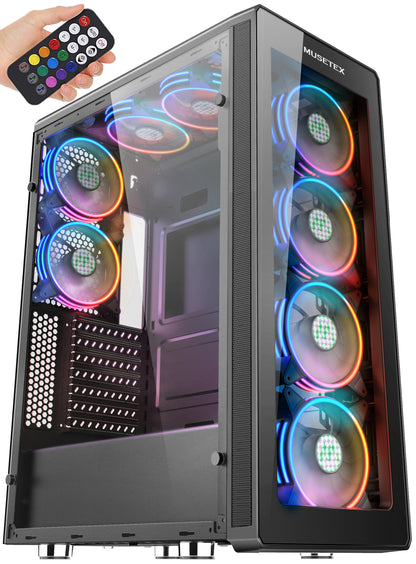 T400-S8 MUSETEX 8 PCS RGB Fans ATX Mid-Tower Case with 2 × USB 3.0, Computer PC Gaming Case with Remote Control, Tempered Glass Cooling System/Airflow/Cable Management (T400-S8)