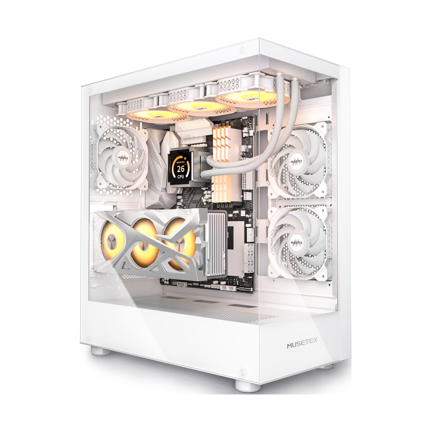 K2-3-W MUSETEX PC CASE ATX 3 Non-LED Fans Pre-Installed, Type-C Mid Tower Computer Case with Full View Dual Tempered Glass, Gaming PC Case,White(K2)