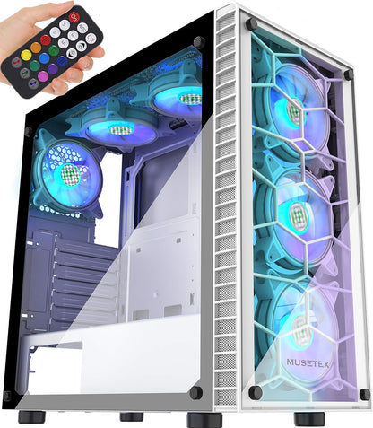 G05MN6-BB MUSETEX ATX Mid-Tower Computer Gaming Case with 6 PCS × 120mm LED ARGB Fans USB 3.0 Port Tempered Glass PC Chassis(G05MN6-BB)