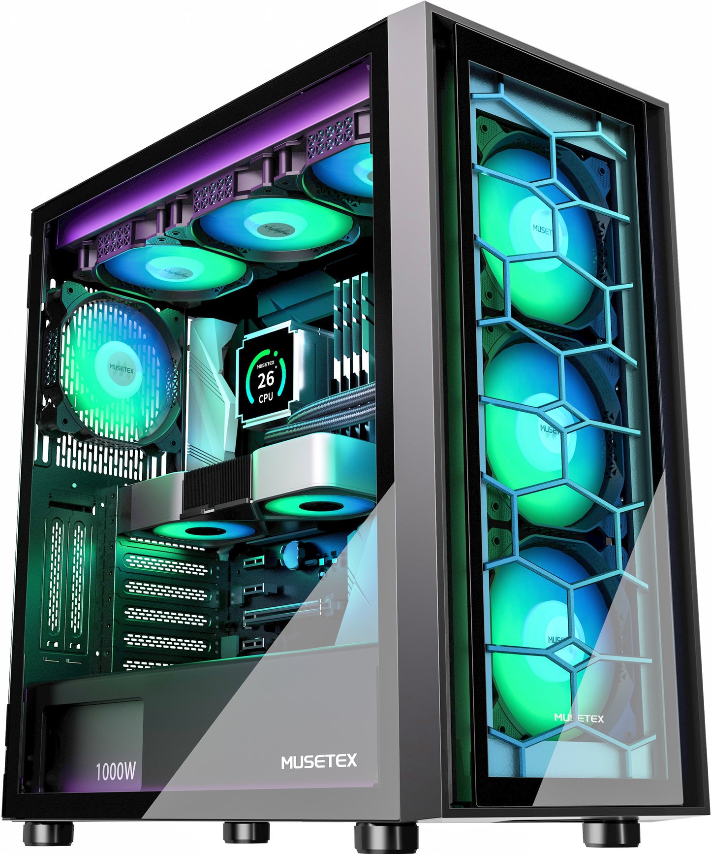 G08-N7 MUSETEX PC Case 7 PWM ARGB Fans Pre-Installed, Gaming PC Case 360mm RAD Support, Double Tempered Glass ATX Case, USB 3.0 x 2 Mid Tower Computer Case, Black, G08S