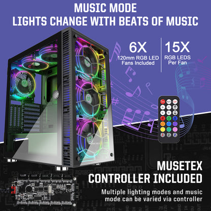 230MS6-B MUSETEX 6 PCS × LED ARGB Fans Pre-Installed 2 PCS × USB 3.0 Ports ATX Tower Case Magnetic Design Opening Tempered Glass Door Gaming PC Case(230MS6)