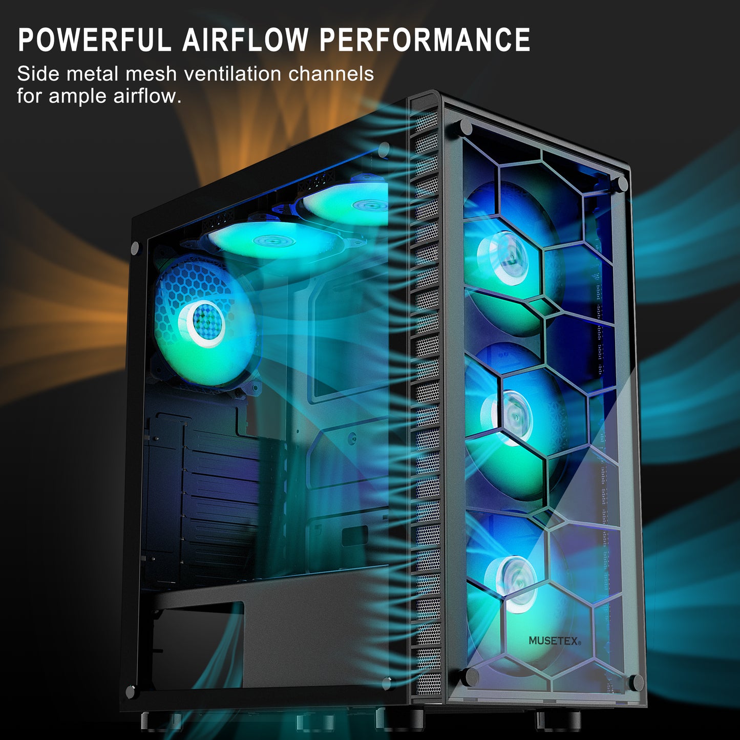 G06Q6 MUSETEX ATX PC Case 6 ARGB Fans Pre-Installed, Mid Tower Gaming PC Case, USB 3.0 Tempered Glass Phantom Black Computer Case, G06Q6