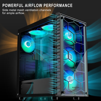 G06Q6 MUSETEX ATX PC Case 6 ARGB Fans Pre-Installed, Mid Tower Gaming PC Case, USB 3.0 Tempered Glass Phantom Black Computer Case, G06Q6