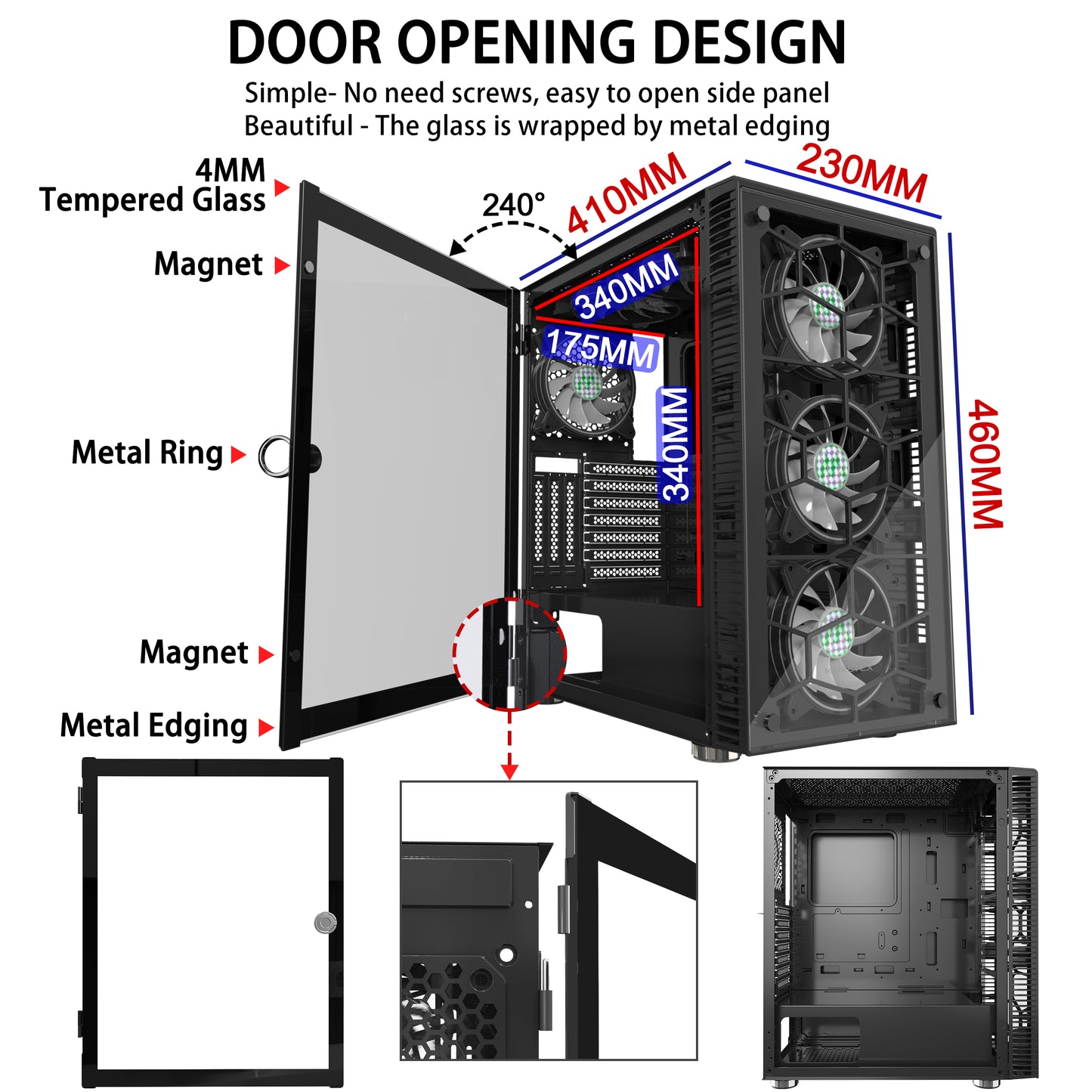 230MN6 MUSETEX 6 PCS × LED ARGB Fans Pre-Installed 2 PCS × USB 3.0 Ports ATX Tower Case Magnetic Design Opening Tempered Glass Door Gaming PC Case(230MN6)