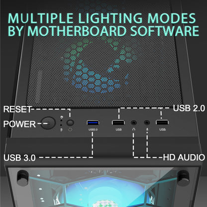 G06Q6 MUSETEX ATX PC Case 6 ARGB Fans Pre-Installed, Mid Tower Gaming PC Case, USB 3.0 Tempered Glass Phantom Black Computer Case, G06Q6