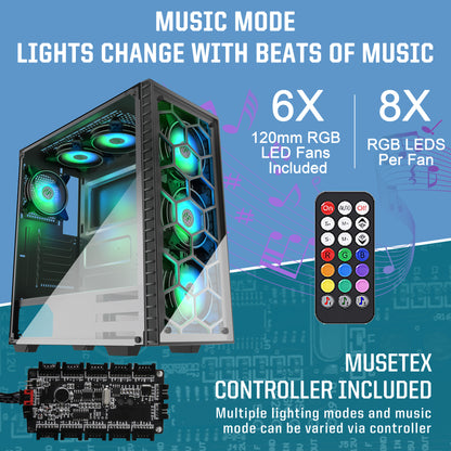 903MN6 MUSETEX Mid Tower Case ATX PC Case with 6pcs ARGB Fans, Computer Gaming Cases USB 3.0, Tempered Glass Side Door (903MN6)