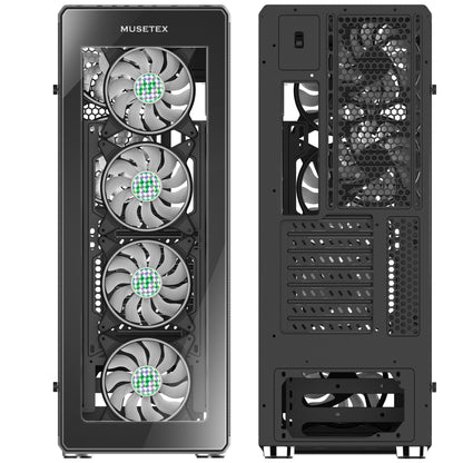 T400-S8 MUSETEX 8 PCS RGB Fans ATX Mid-Tower Case with 2 × USB 3.0, Computer PC Gaming Case with Remote Control, Tempered Glass Cooling System/Airflow/Cable Management (T400-S8)