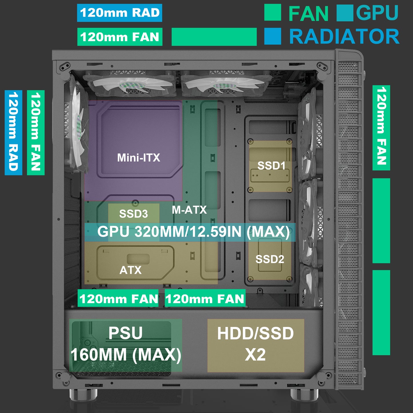 G06Q6 MUSETEX ATX PC Case 6 ARGB Fans Pre-Installed, Mid Tower Gaming PC Case, USB 3.0 Tempered Glass Phantom Black Computer Case, G06Q6