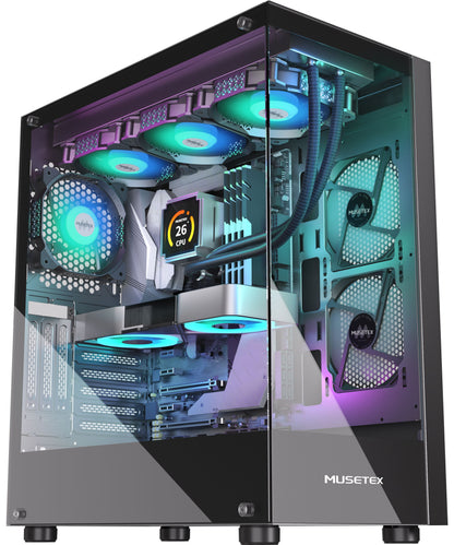 K2-N4 MUSETEX PC CASE E-ATX Pre-install 4 PWM ARGB Fans & 2 Side Fans, Type-C Mid Tower Computer Case with Full View Dual Tempered Glass, Gaming PC Case,Black(K2)