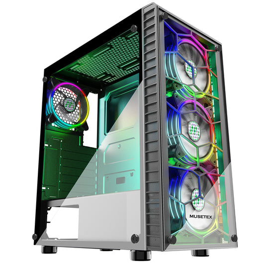 G06S4 MUSETEX ATX Mid-Tower Chassis Gaming PC Case 4 ARGB Fans Pre-Installed (Up to 6 Fans), 2 Translucent Tempered Glass USB 3.0 Cable Management/Airflow Gaming Style Computer Case（G06S4）