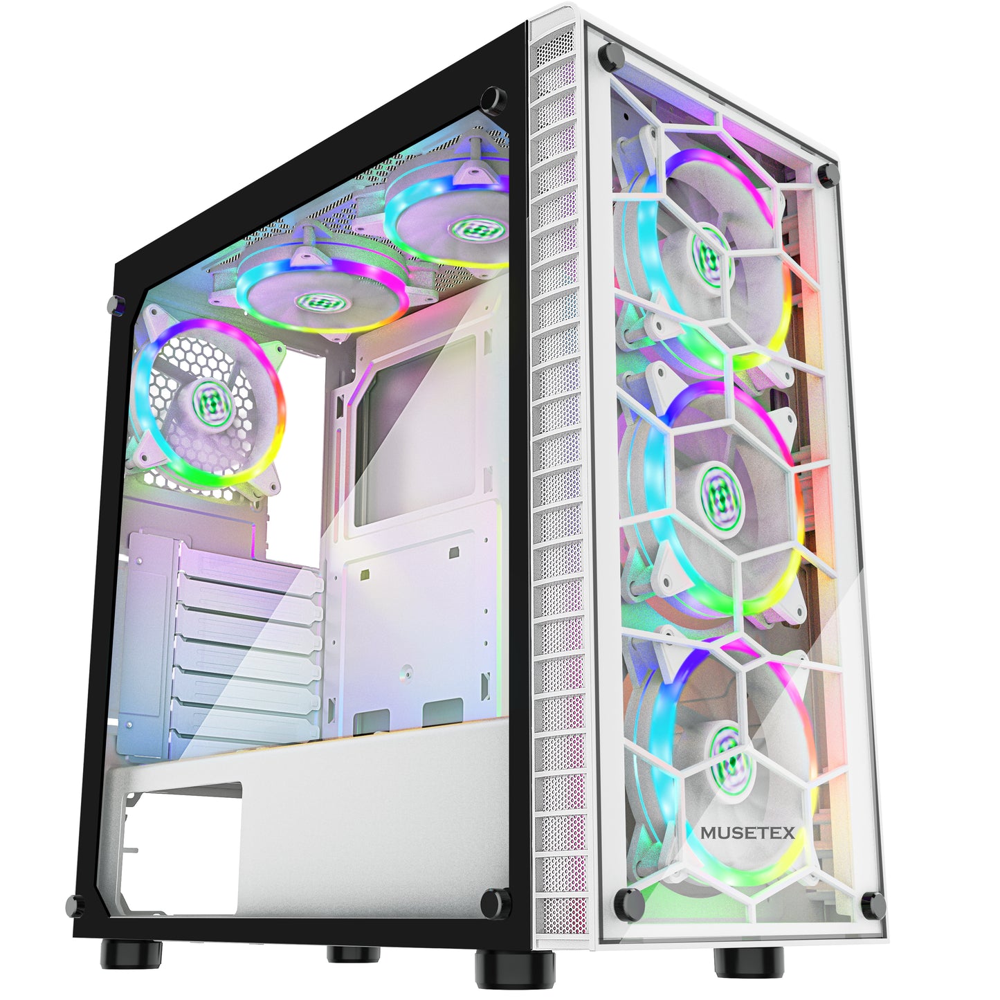 G05S6-BB MUSETEX Mid-Tower ATX PC Case, Computer Gaming Case with 6pcs 120mm ARGB Fans, 2 Tempered Glass Panels Desktop Cases, USB 3.0, White, S6-BB