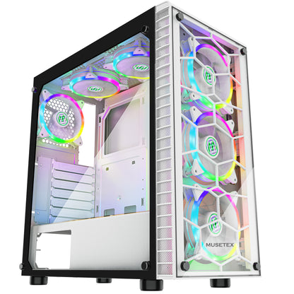 G05S6-BB MUSETEX Mid-Tower ATX PC Case, Computer Gaming Case with 6pcs 120mm ARGB Fans, 2 Tempered Glass Panels Desktop Cases, USB 3.0, White, S6-BB