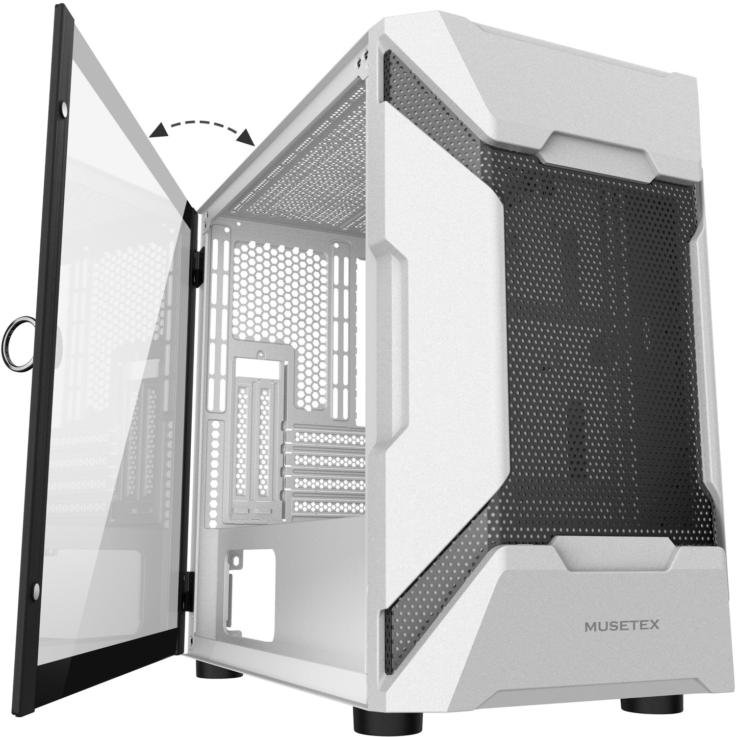 MK7-W MUSETEX MESH Micro ATX Tower Case with 2 PCS × USB 3.0 Ports Magnetic Design Opening Tempered Glass Door Swing Type Side Panel & Mesh Front Panel (MK7-W)