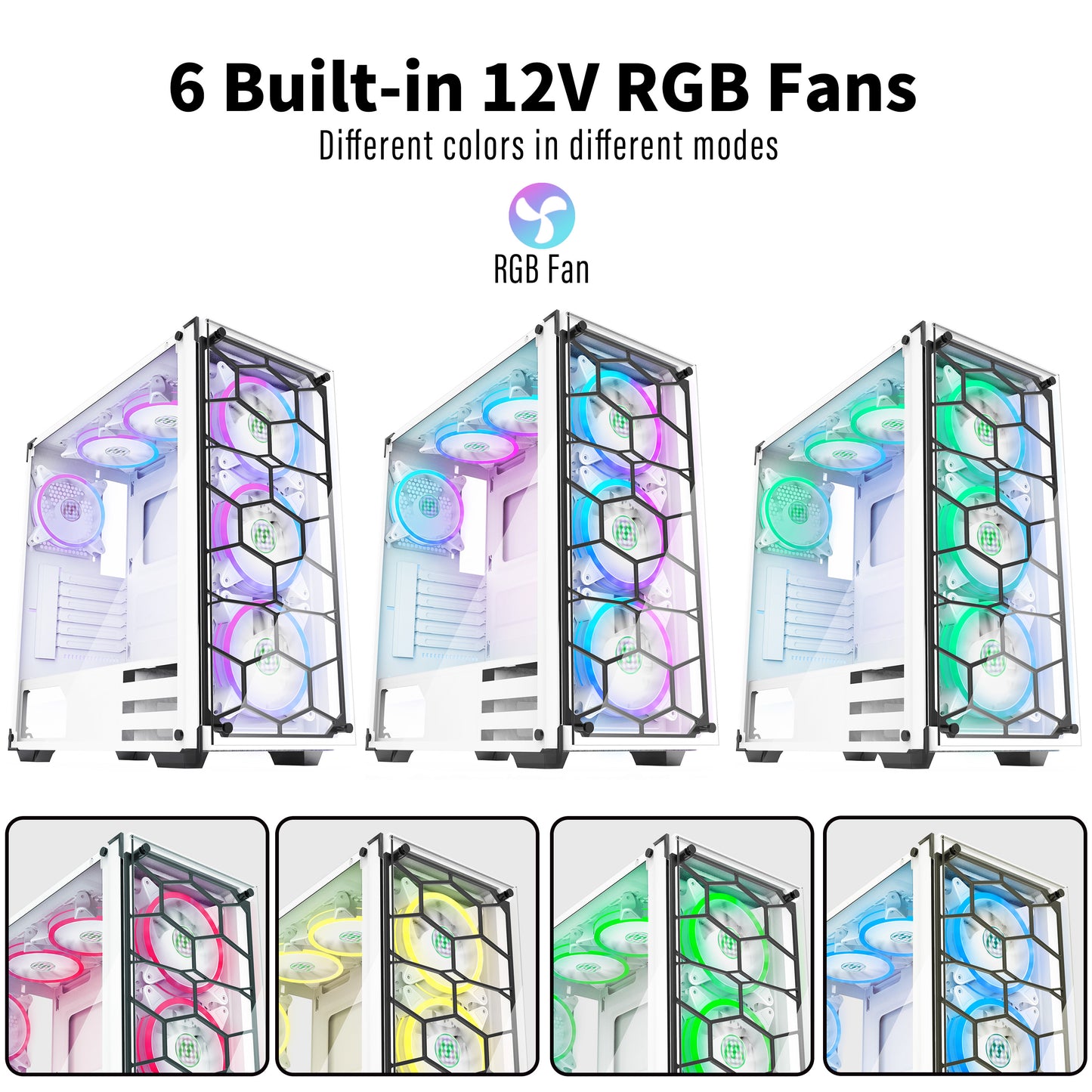 907W6W MUSETEX ATX PC Case with 6pcs ARGB Fans, Computer Gaming Cases with and USB 3.0, Mid Tower Case with Tempered Glass Side Door (907W6W)