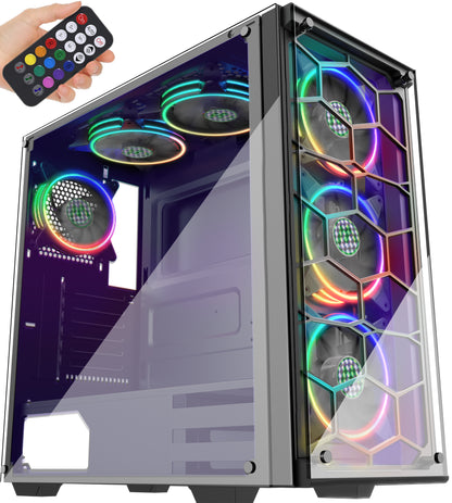 907WM6 MUSETEX ATX Mid-Tower PC Gaming Case with 6 PCS x ARGB Fans Voice Control Pre-Installed and USB 3.0 Port Tempered Glass Panels Computer Chassis (907WM6)