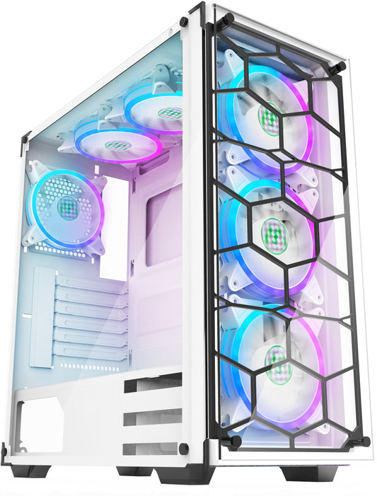 907W6W MUSETEX ATX PC Case with 6pcs ARGB Fans, Computer Gaming Cases with and USB 3.0, Mid Tower Case with Tempered Glass Side Door (907W6W)