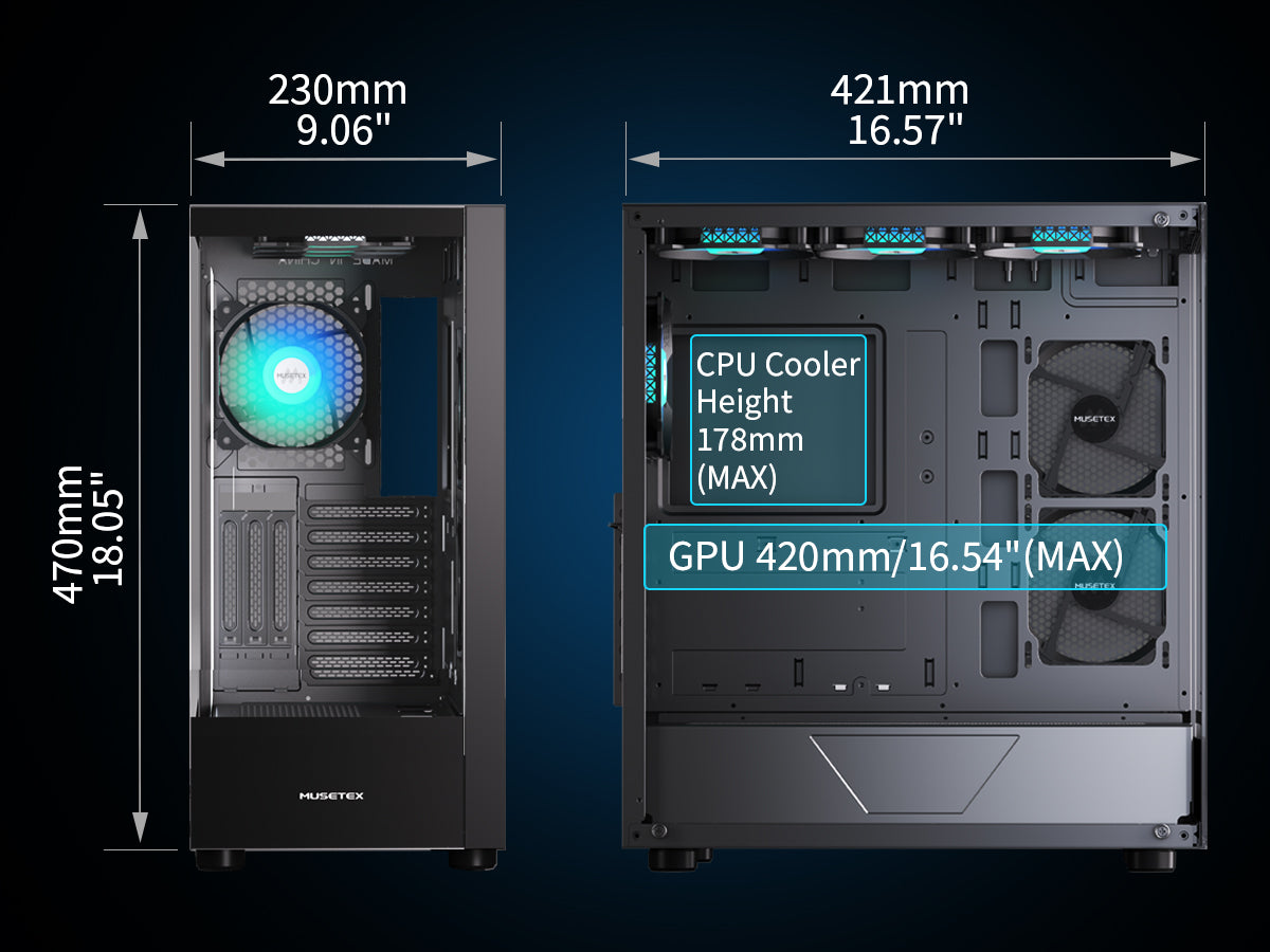 K2-N4 MUSETEX PC CASE E-ATX Pre-install 4 PWM ARGB Fans & 2 Side Fans, Type-C Mid Tower Computer Case with Full View Dual Tempered Glass, Gaming PC Case,Black(K2)