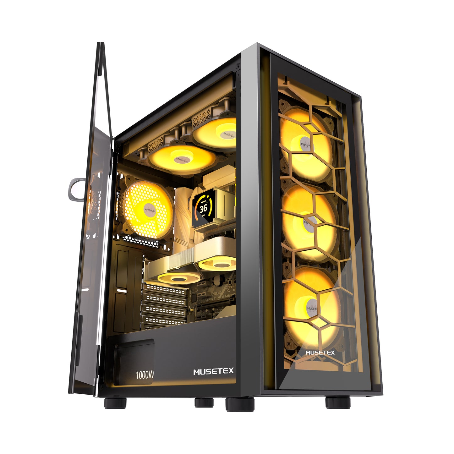 G07-N6 MUSETEX ATX PC Case, 6 PWM ARGB Fans Pre-Installed, Computer Case with Opening Tempered Glass Door, Mid Tower Gaming PC Case, USB 3.0 x 2, Black, G07