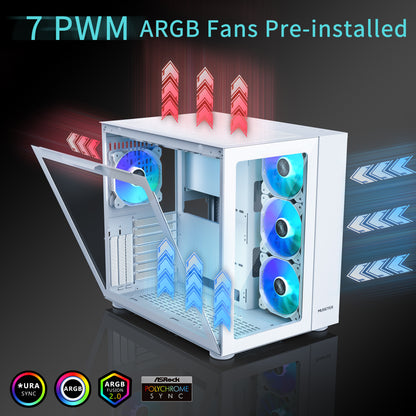 H3-N7 MUSETEX 7 PWM ARGB Fans Pre-installed ATX Gaming PC Case, Modern Aesthetic Dual Tempered Glass Panoramic Mid-Tower Pc Case, USB 3.0 Pure White Computer Case (H3-N7)