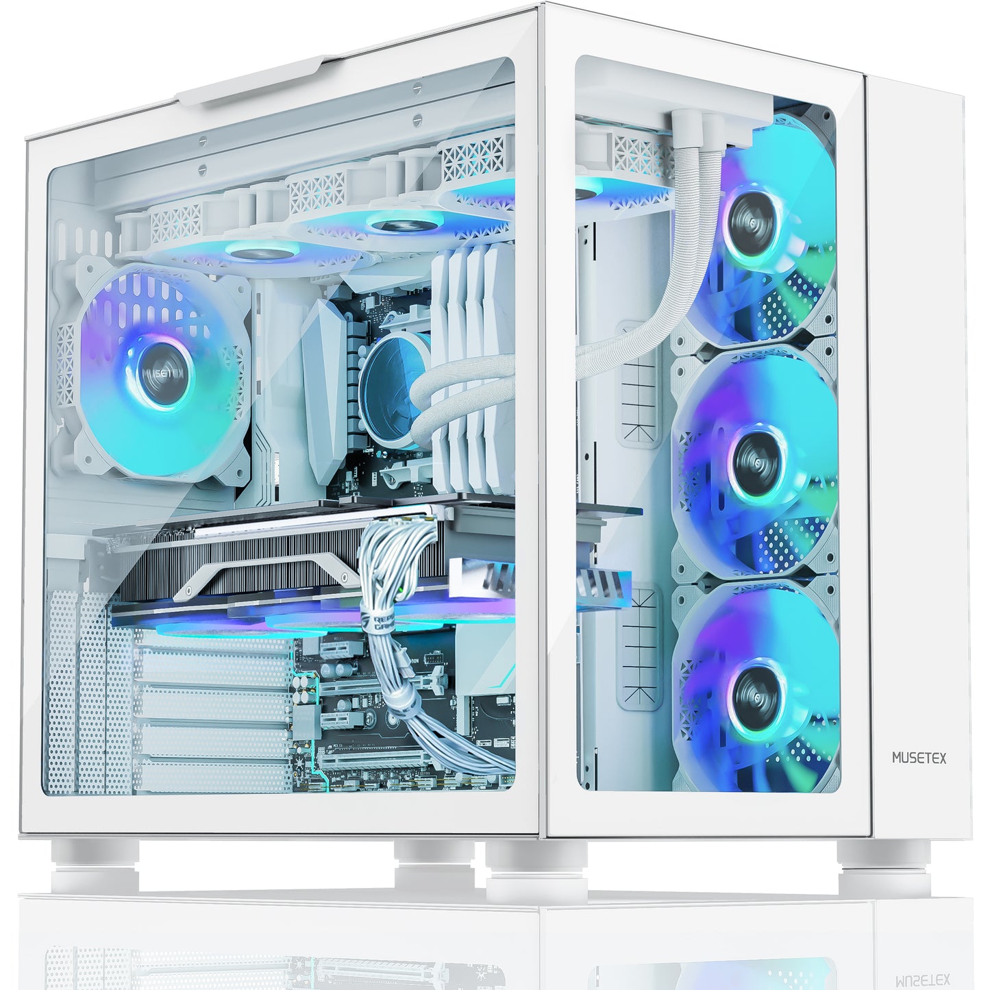 H3-N7 MUSETEX 7 PWM ARGB Fans Pre-installed ATX Gaming PC Case, Modern Aesthetic Dual Tempered Glass Panoramic Mid-Tower Pc Case, USB 3.0 Pure White Computer Case (H3-N7)