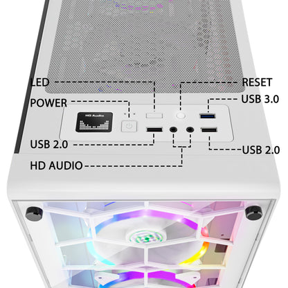 G05S6-BB MUSETEX Mid-Tower ATX PC Case, Computer Gaming Case with 6pcs 120mm ARGB Fans, 2 Tempered Glass Panels Desktop Cases, USB 3.0, White, S6-BB