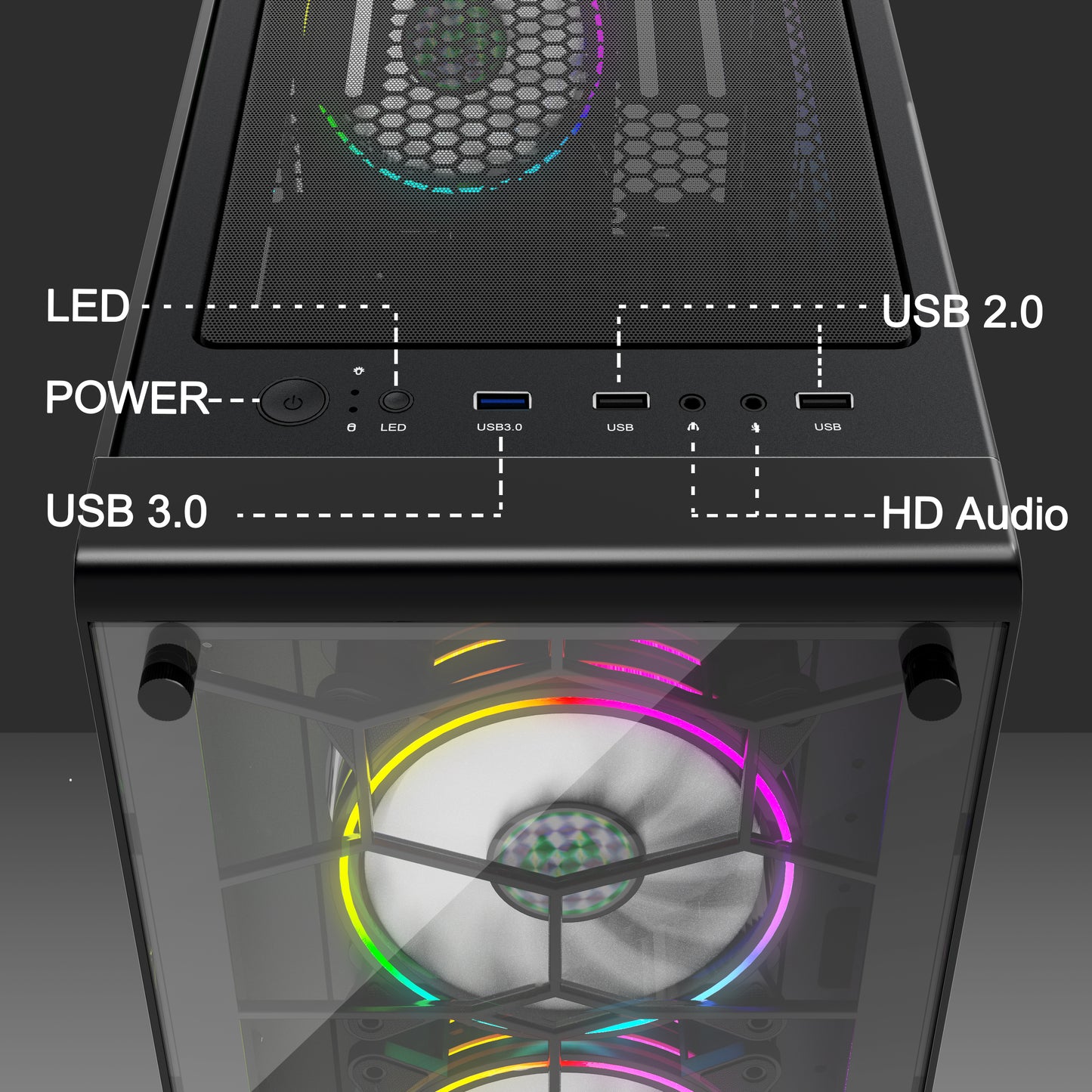 G06S4 MUSETEX ATX Mid-Tower Chassis Gaming PC Case 4 ARGB Fans Pre-Installed (Up to 6 Fans), 2 Translucent Tempered Glass USB 3.0 Cable Management/Airflow Gaming Style Computer Case（G06S4）