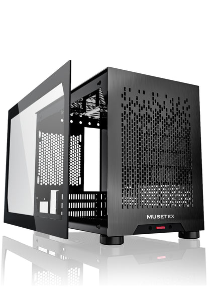 T2 MUSETEX Mini-ITX PC Case, Tempered Glass Computer Gaming Case Small Compact, Aluminum Metal Brushed Texture Vented Panel