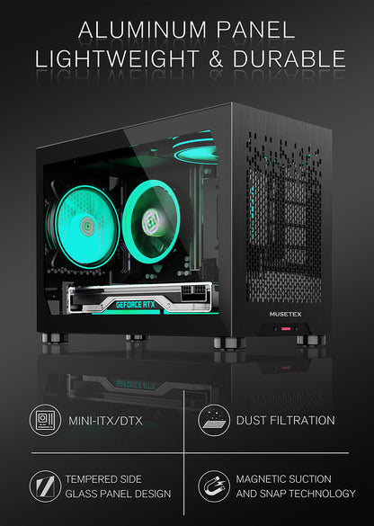 T2 MUSETEX Mini-ITX PC Case, Tempered Glass Computer Gaming Case Small Compact, Aluminum Metal Brushed Texture Vented Panel