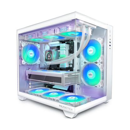 Y6-N6-W MUSETEX ATX PC Case, 6 PWM ARGB Fans Pre-Installed, 360MM RAD Support, Type-C Gaming PC Case, 270° Full View Tempered Glass Mid Tower, Pure White ATX Computer Case,Y6