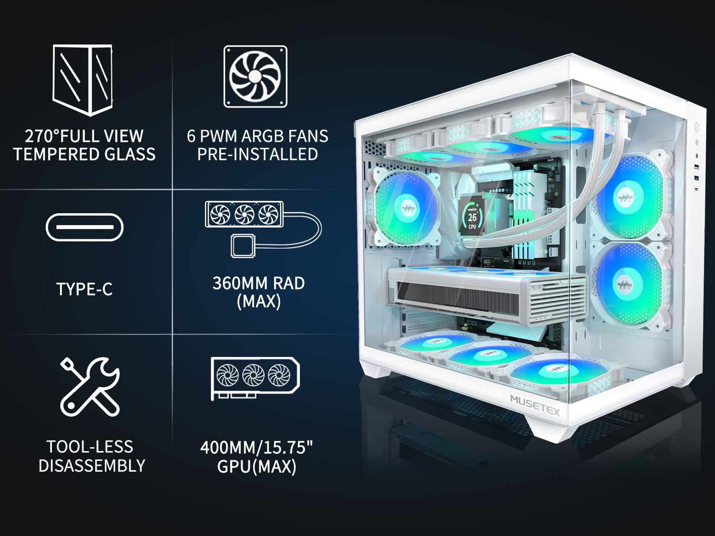 Y6-N6-W MUSETEX ATX PC Case, 6 PWM ARGB Fans Pre-Installed, 360MM RAD Support, Type-C Gaming PC Case, 270° Full View Tempered Glass Mid Tower, Pure White ATX Computer Case,Y6