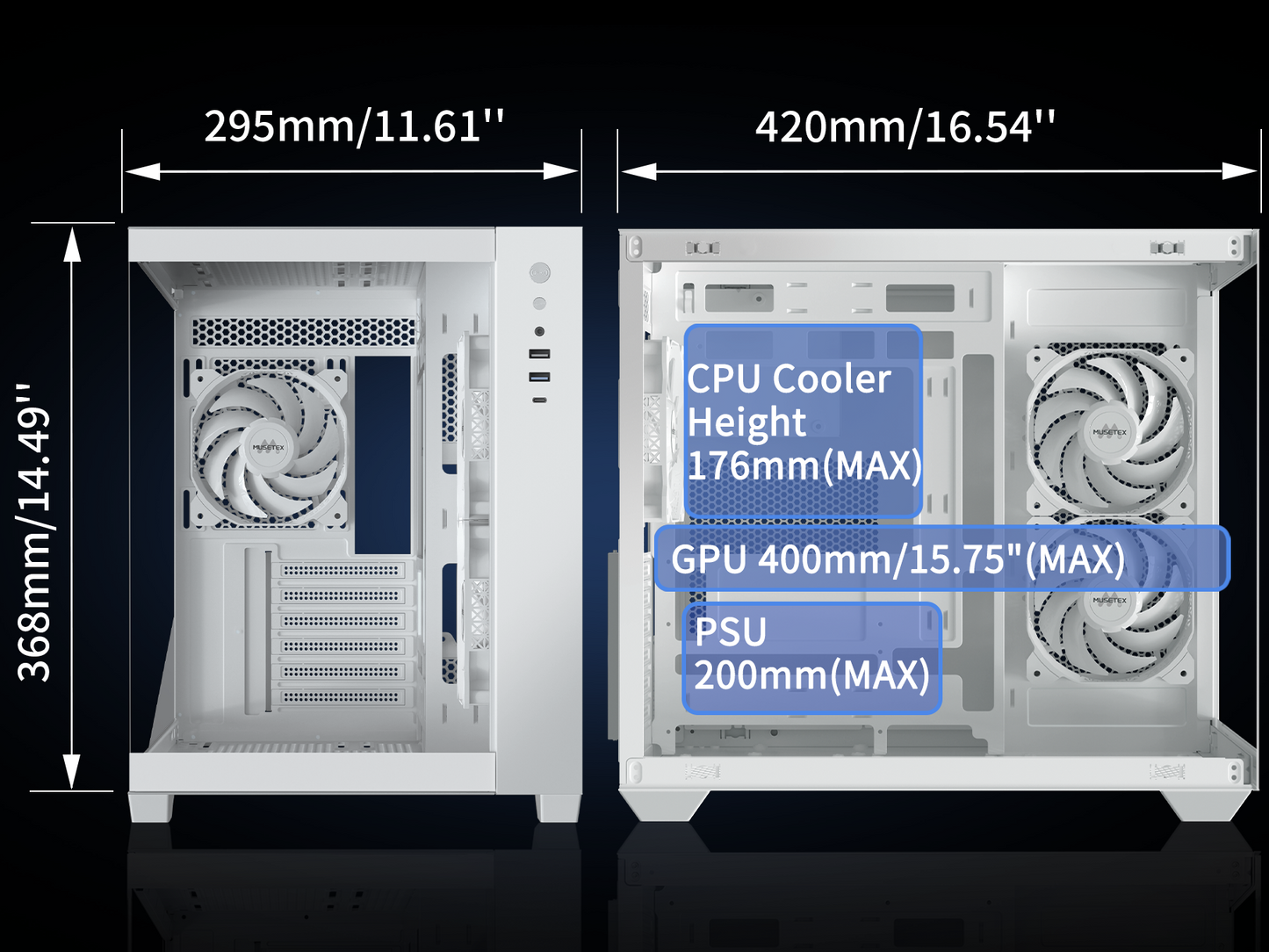 Y6-N6-W MUSETEX ATX PC Case, 6 PWM ARGB Fans Pre-Installed, 360MM RAD Support, Type-C Gaming PC Case, 270° Full View Tempered Glass Mid Tower, Pure White ATX Computer Case,Y6