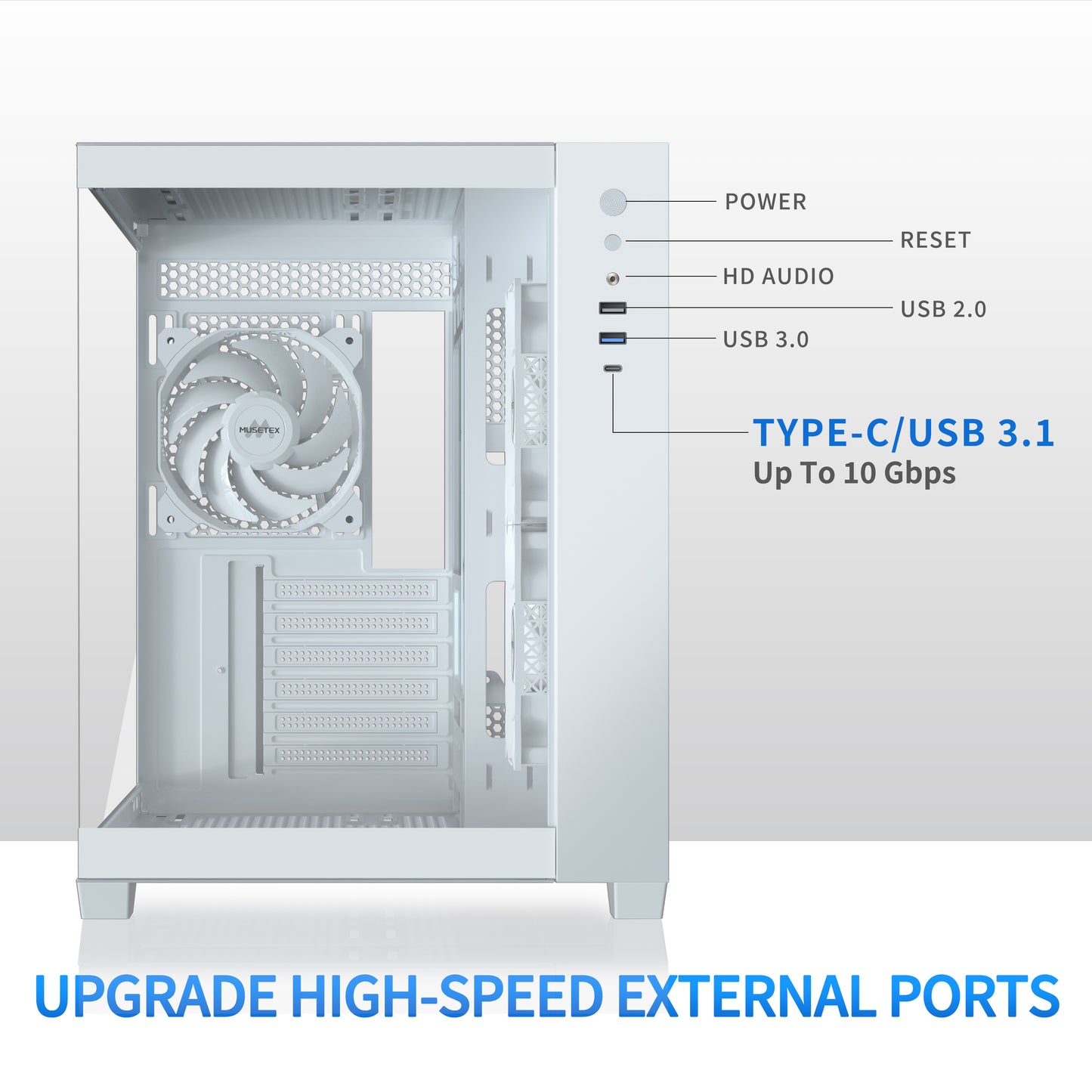 Y6-N6-W MUSETEX ATX PC Case, 6 PWM ARGB Fans Pre-Installed, 360MM RAD Support, Type-C Gaming PC Case, 270° Full View Tempered Glass Mid Tower, Pure White ATX Computer Case,Y6