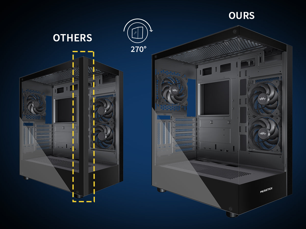 K2-3-B MUSETEX ATX PC CASE, 360MM RAD Support, Full-View Dual Tempered Glass Mid Tower PC Case, Type-C Computer Case with 3 Non-LED Fans Pre-Installed, Gaming PC Case,Black(K2)